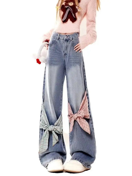 🍒American retro checkered patchwork bows women jeans with bows in them tie and loose as preferred Y2k wide leg pants Sweep These Sweets
