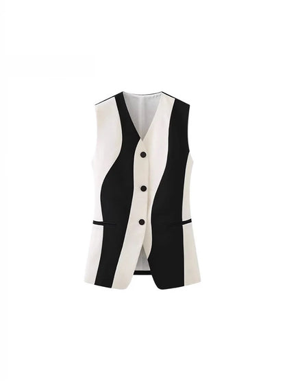 🍒Sleeveless waist coat top  v neck single breasted vest smart casual wear women versatile clothing female long vest jacket summer wear contrast colour fashion Jack-et Of All styles Master Of Fashion