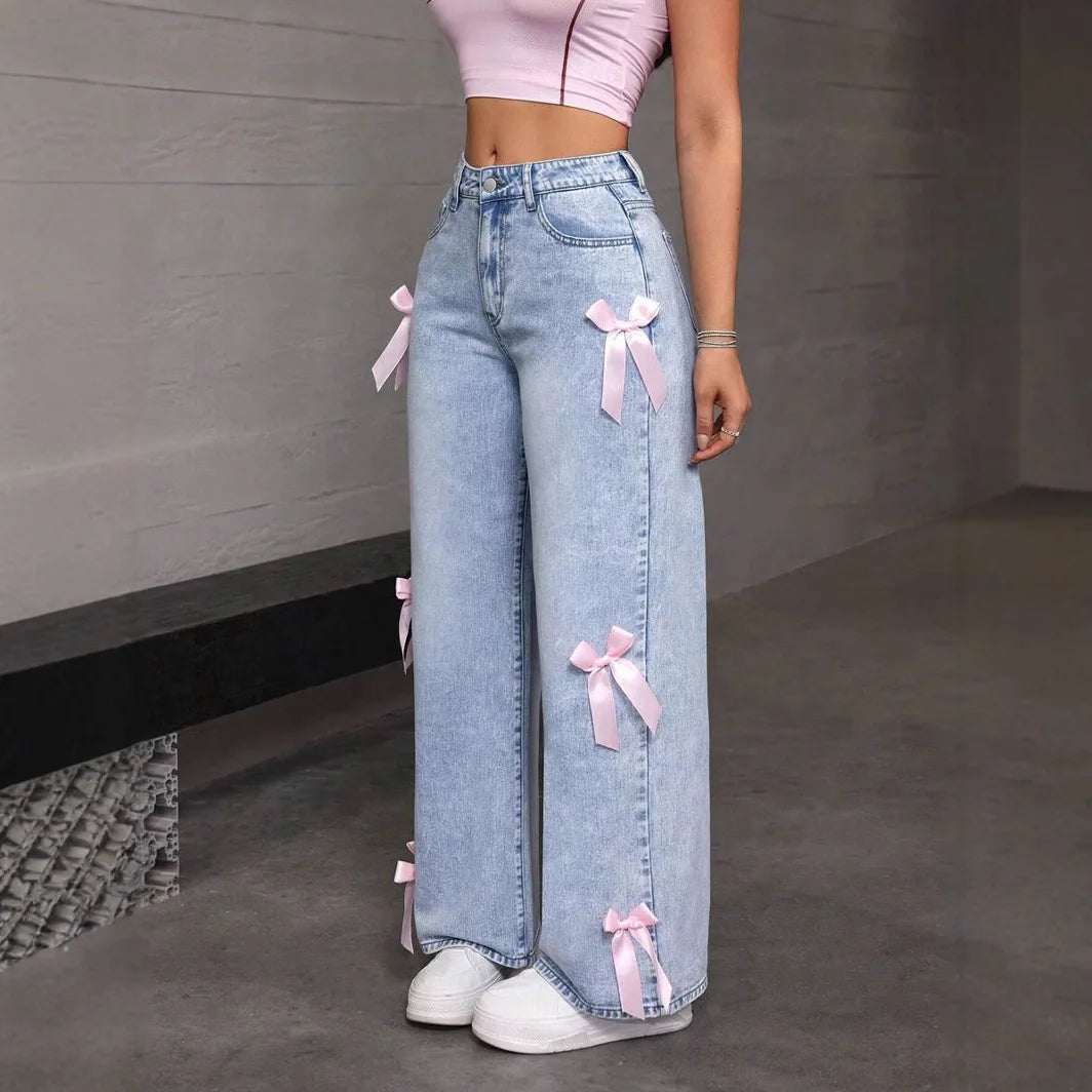 🍒Womens wide leg jeans pants pink bows washed high waist denims distressed vintage Straight Ankle Length Trousers casual jeans wear You Will Be Blue If You Miss these sweet Denim Pinks