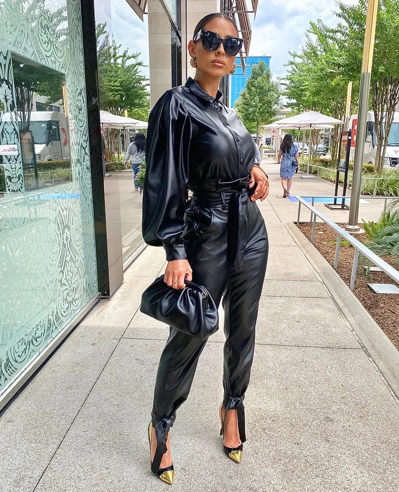 🍒Faux leather pants sets women's matching sets cool pu baggy trousers and matching v-neck leather top smart casual sporty Y2k set two piece womens outifits party wear occasion fashion black set Love Lustre Leather