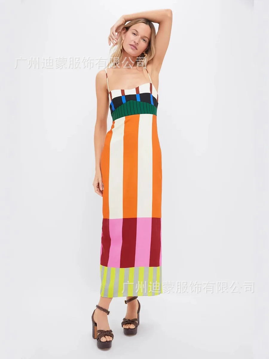 🍒 Colourful High waist maxi  striped dress fashion smart casual elegant party occasion wear long outfit women spaghetti strap bohemian summer fashion wear Their Will Be Double Takes With This Four Stripes