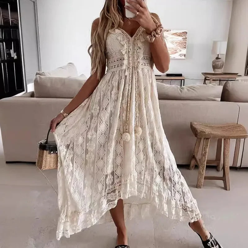 🍒Sleeveless lace dress spaghetti straps camisole long mesh outfit v-neck loose summer fashion for women tassel loose beach wear for women solid colour holiday wear Do A Spot Of Sunbathing In  Beachy Lace