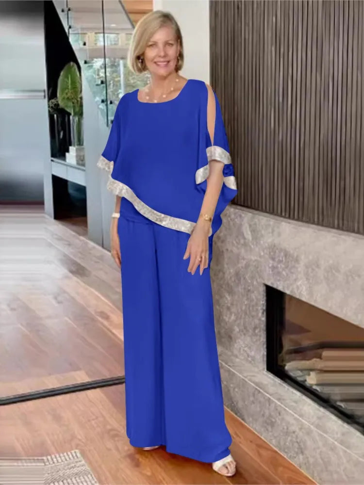 🍒Two-piece suit o-neck top and pants set for women summer fashion sequin bat wing top wide leg trousers occasion party wear Get Hold Of A Cold Shoulder And Warm Your Heart