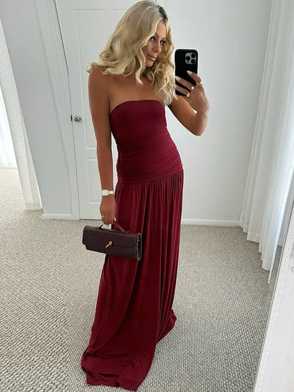 🍒Backless bandeau dress pleated maxi dress women fashion backless sleeveless high waist ruched long dress elegant Wine And Dine In Wine