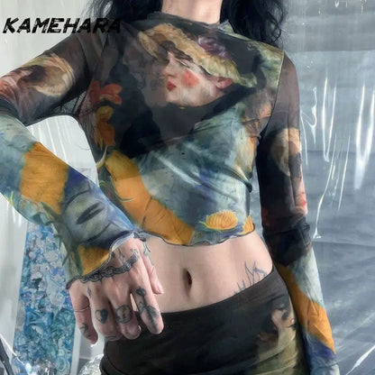 🍒High waisted mesh skirt gauze and matching print top fashion wear for women slim fit bodycon feminine clothing smart casual wear women streetwear female oil painting long sleeve tee and ruffle edge long skirt set Face The Day With Cool clothes