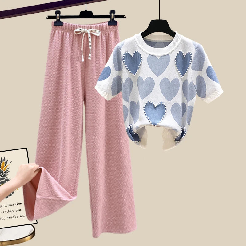 🍒Two piece set suit chic knit t-shirt with love heart top women  and casual wide leg pants sets elegant casual clothing home wear clothes  Love This Set