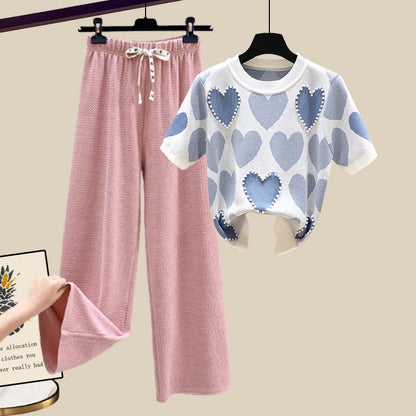 🍒Two piece set suit chic knit t-shirt with love heart top women  and casual wide leg pants sets elegant casual clothing home wear clothes  Love This Set