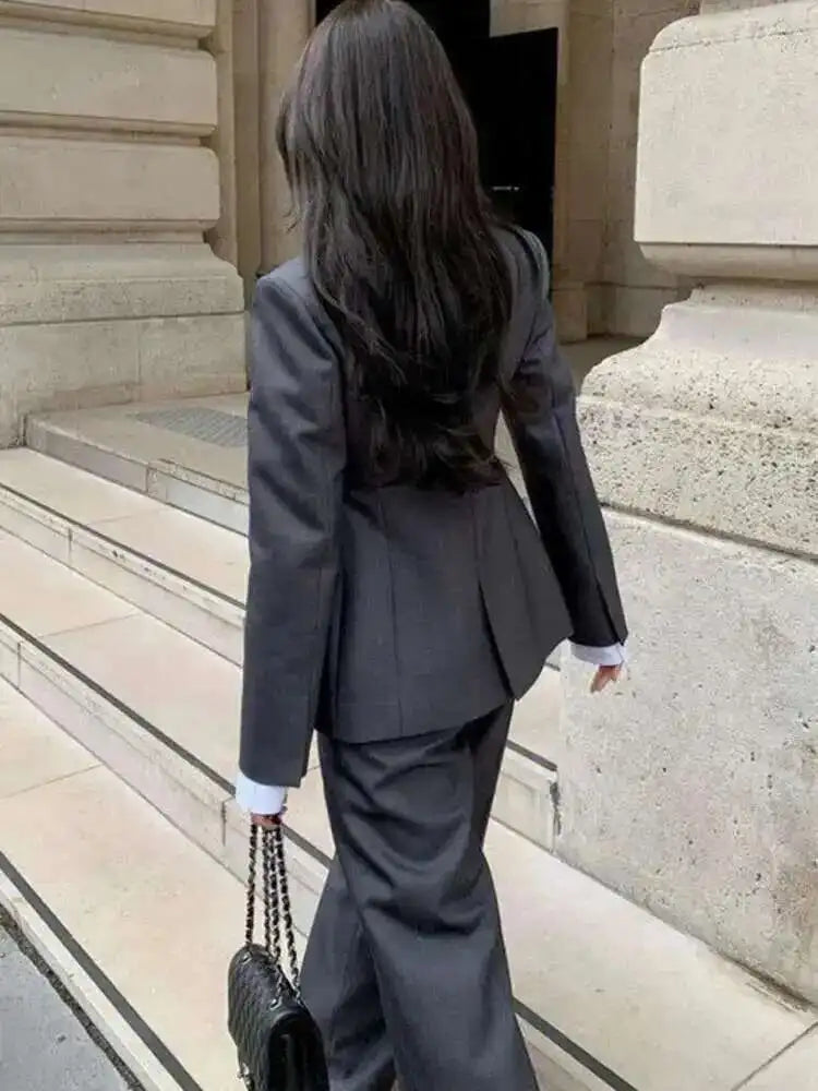 🍒Suit for women high quality Professional gray suit Jacket and Wide leg pants two piece smart set fashion wear