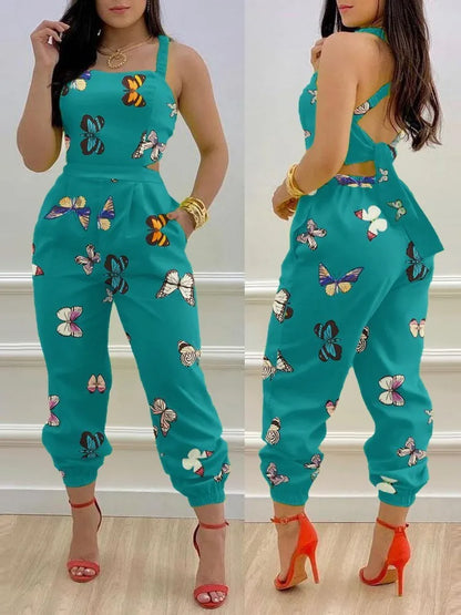 🍒Summer printed jumpsuit backless with straps fashion sleeveless one piece casual wear womens romper outfit with bows pocket trousers Overall Colourful Cool