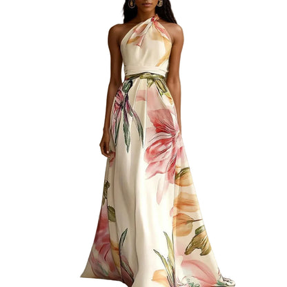 🍒Party vacation dress maxi floral fashion printed long outfit catwalk sleeveless party backless european and american occasion clothing Floor Them With A Floor Floral