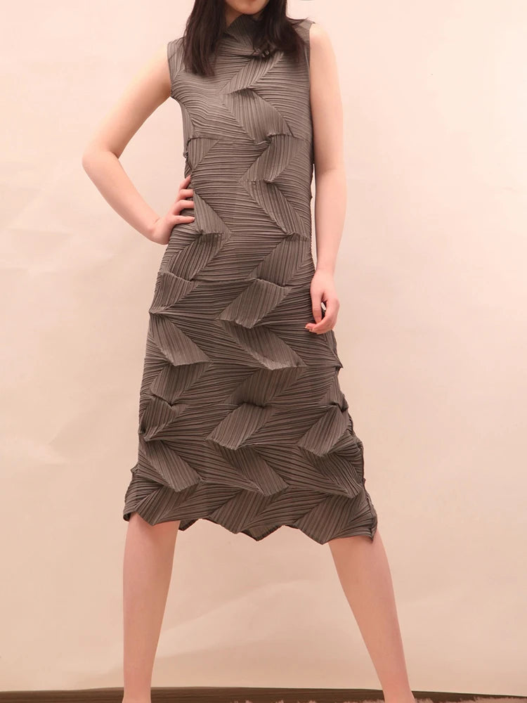 🍒Sleeveless pleated dress for women turtleneck outfit single colour solid fashion smart casual women party wear occasion clothing style 3D fold designer dresses Fashion A Fold