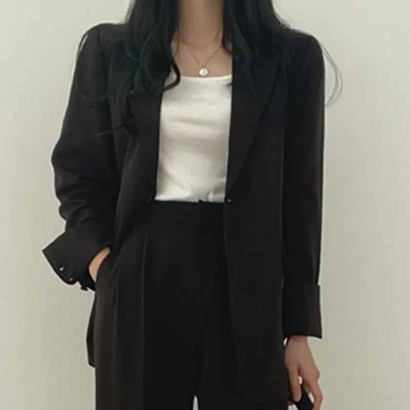🍒Solid color women's suit set fashion loose casual wear 2 piece set office suits for ladies long sleeve pocket jacket formal wear strawbery choclate ...Suit Yourself