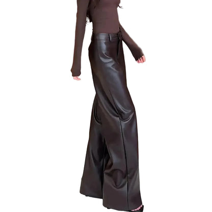 🍒High waist pu leather pants deep brown smart casual women floor length boot cut leather trousers occasion party wear clothing CUT out the chase for a BOOT boost