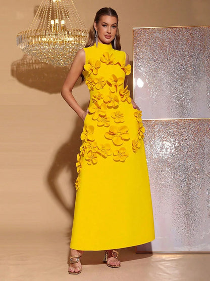🍒3D flower dress stand neck a-line midaxi outfit for summer evening fashion occasion  partywear fashion Three Sixty 3D
