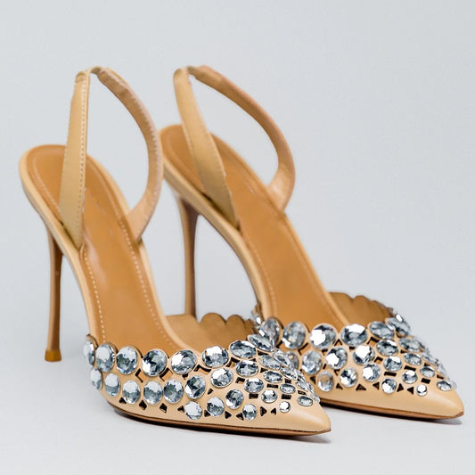 🍒Crystal slingback sandals pointed toe stilettos heels ankle strap occasion shoes footwear evening pumps for women modern party shoes On Point Fashion