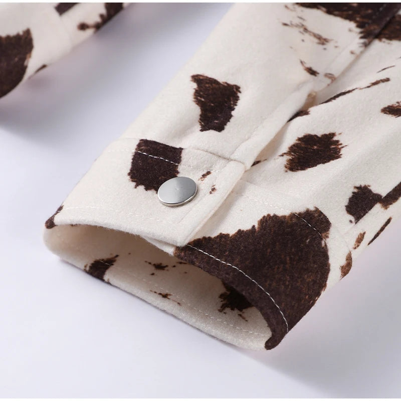 🍒Women's cow print Jacket with lapel collar short zipper coat for smart casual female outerwear  Warm    Milk (it) A Cow