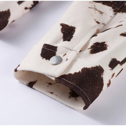 🍒Women's cow print Jacket with lapel collar short zipper coat for smart casual female outerwear  Warm    Milk (it) A Cow