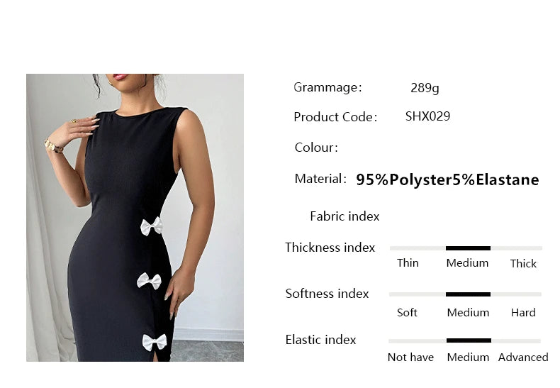 🍒Black dress side bows bodycon with slit midi cocktail outfit women party evening gown  occasion fashion Sweet-Edge