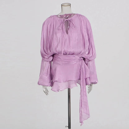 🍒Solid tie neck dress high waist ruffle for women long sleeve mini  party club wear occasion clothing female fashion Revel In Ruffles