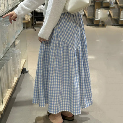 🍒Checkered a-line skirt high waisted tiered maxi skirt outfit all match loose pleated midaxi outfits for women fashion wear female casual wears  Chic Check