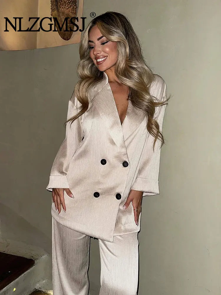 🍒Casual blazer jacket and  pants suit for women long sleeve double breasted jacket + wide leg trousers office outfits smart casual fashion wear occasion wear Keep Abreast Of The Double Breast
