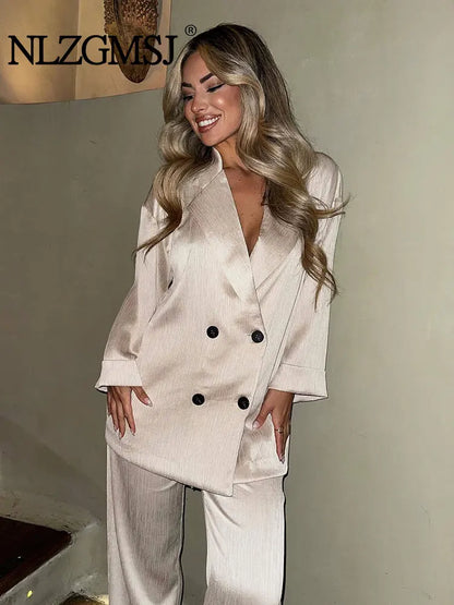 🍒Casual blazer jacket and  pants suit for women long sleeve double breasted jacket + wide leg trousers office outfits smart casual fashion wear occasion wear Keep Abreast Of The Double Breast