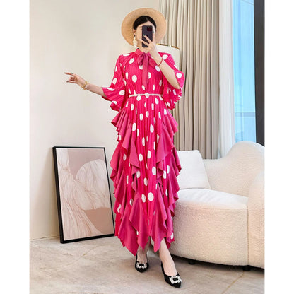 🍒 Dress with polka dots simple pleats and ruffled edges summer outfit looks long loose fit smart primted casual wear loose Fit clothing and Slimming Effect  party occasion clothing Lucky You Spotted this Spot