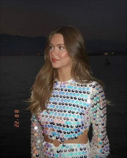 🍒Spring summer outfits women sequins mini dress flare sleeves o-neck fashion club wear party occasion wear irregular clothing DISCO-ver Sequin Style