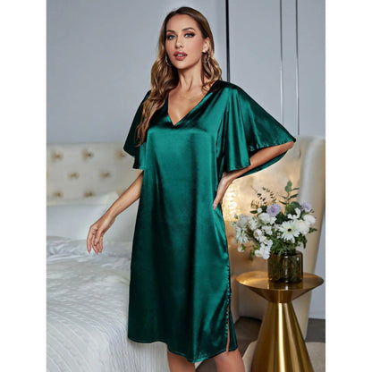 🍒Solid colour women's ice silk summer short sleeved satin night dress lounge wear for women shiny loungewear Stylely Smoothy Sleepy