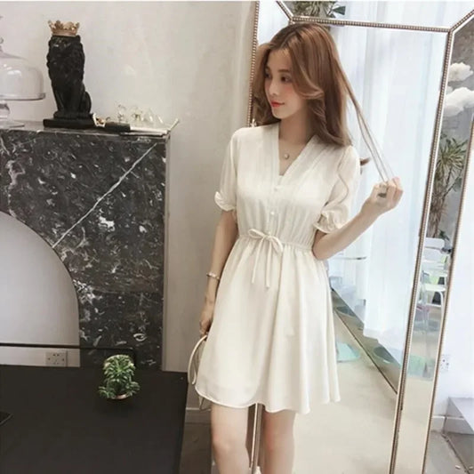 🍒Chiffon satin dress mini women soft silky outfits ruffle smart casual clothing for summer occasion party wear Dainty Dollar Dollar Doll