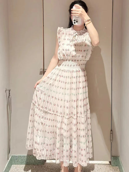 🍒Mid-length dresses for women printed high waisted outfit gentle literary pleated slim exquisite outfit smart casual flloral clothing
