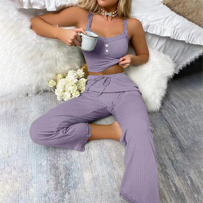 🍒Women's two-piece pyjama set with solid color lace edge camisole top and pants nightwear soft and cozy loungewear Comfy Cool