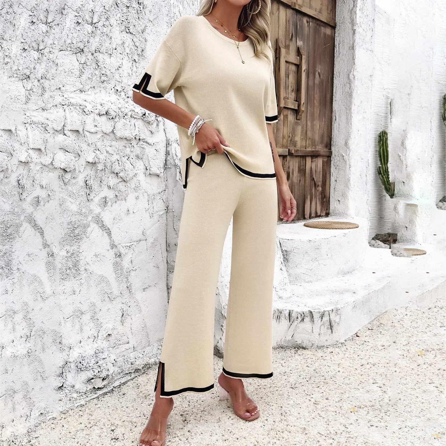 🍒Two piece women's clothing spring summer fashion knitted casual top short sleeve and wide-leg pants matching set Suit LINE Up For This EDGEy Set