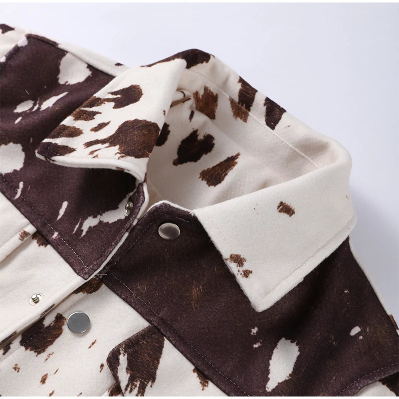 🍒Women's cow print Jacket with lapel collar short zipper coat for smart casual female outerwear  Warm    Milk (it) A Cow