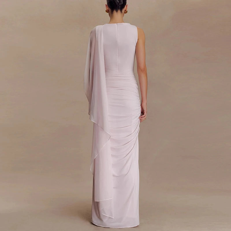 🍒Mesh draped dress solid color outfits o/neck high waist chiffon evening gowns occasion wear maxi shawl dress  Rome-mantic