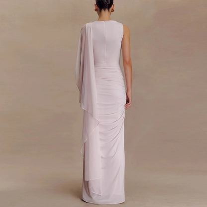 🍒Mesh draped dress solid color outfits o/neck high waist chiffon evening gowns occasion wear maxi shawl dress  Rome-mantic