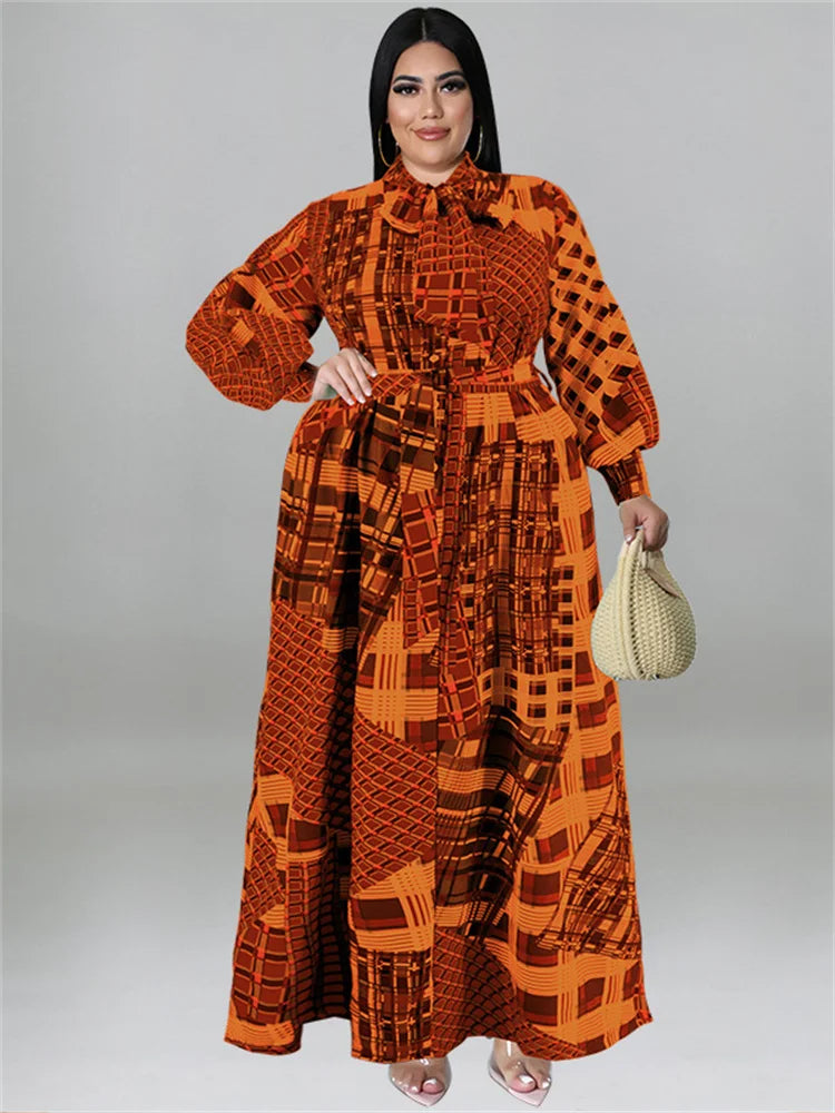 🍒Plus size vintage long sleeve dress print womens clothing fall dresses with belt loose maxi outfit long fashion smart casual women Mix Up Fashion