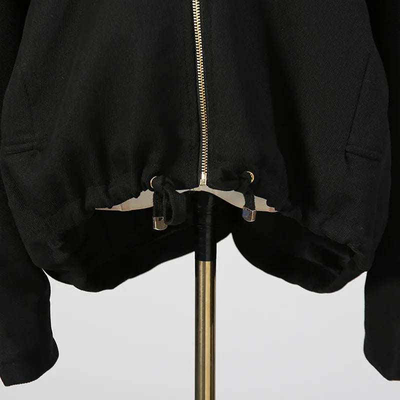 🍒Oversized zipped coat women's fashion solid color long sleeve casual drawstring jacket black designer style spring autumn clothing   Big Up To Oversized Cool