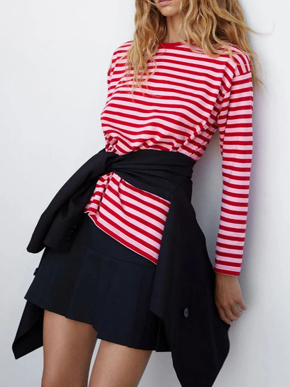 🍒Striped tops for women Y2k fashion long sleeve tops red and pink t-shirt vintage tee all season clothes casual Get Tipsey In Red Stripes