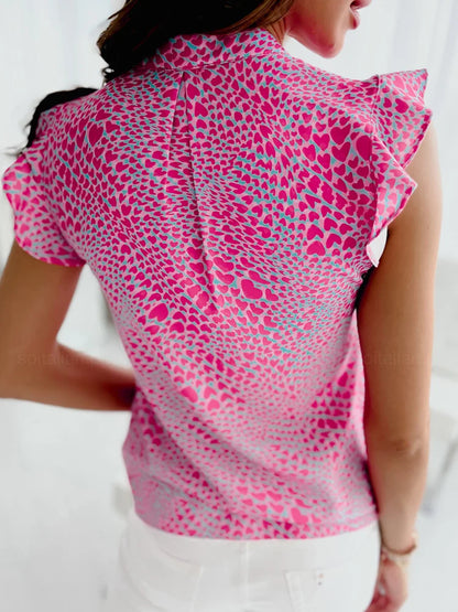 🍒Summer sleeveless blouse women fashion ruffle stitching top elegant v-neck lace-up blouses shirts casual print