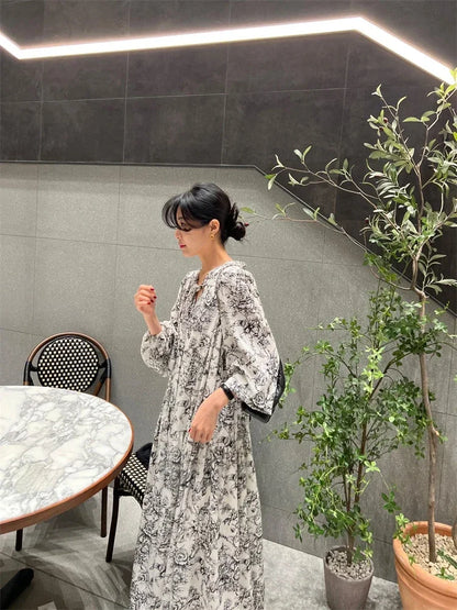 🍒Winter sundress long sleeve puff maxi outfit vintage dress smart casual daywear partywear office clothes Ink This One In
