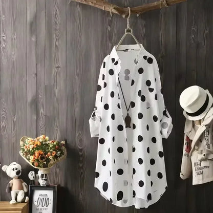 🍒Plus size polka dot shirt chic classic button up long sleeve outfit design dress stylish comfortable female fashion casual wear Get Spotted In These Dots