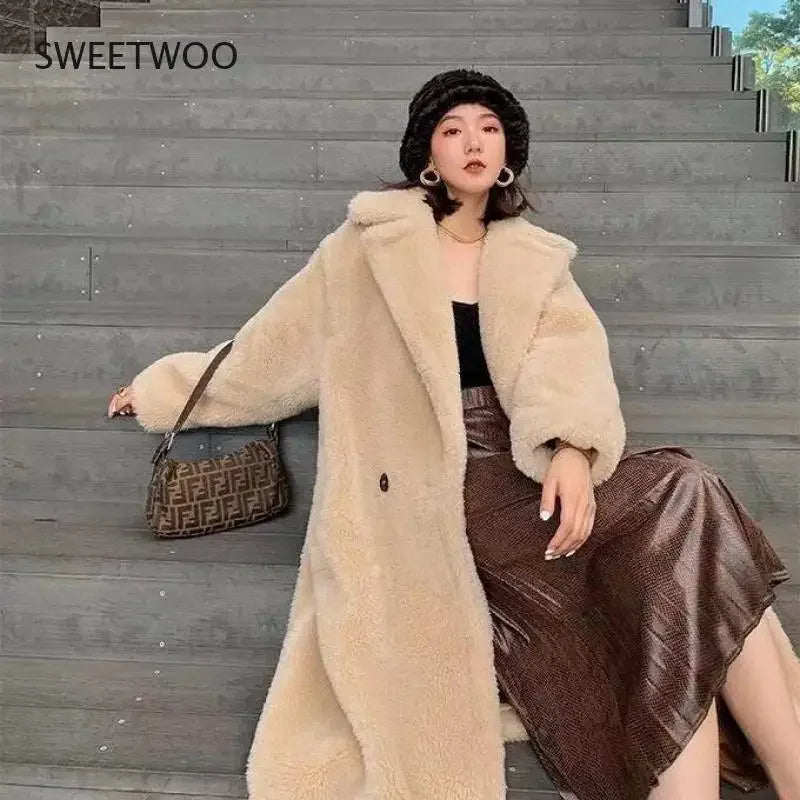 🍒Women winter faux fur coat winter long women female thick teddy bear outerwear Casual loose oversize outdoor wear Bear Winter With A Teddy