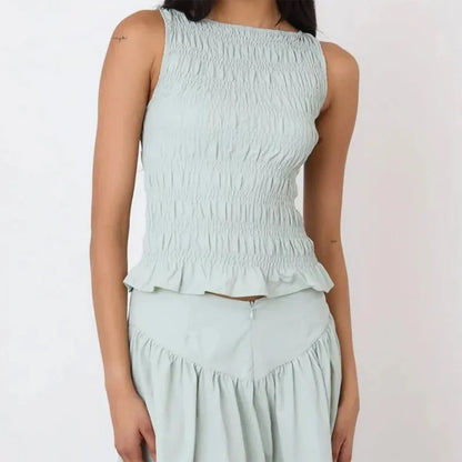 🍒Women Y2K smocked shirred tank top sleeveless crew neck frill ruffle crop top ruched pelpum going out tops party clubwear