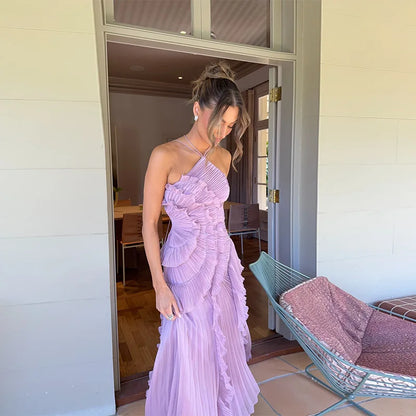 🍒Ruffles evening gown elegant neck strap pleated a-line midi dress solid color summer outfits backless vacation wear Y2k fashion party occasion wear       Get This Ruffle You'll Be Frilled