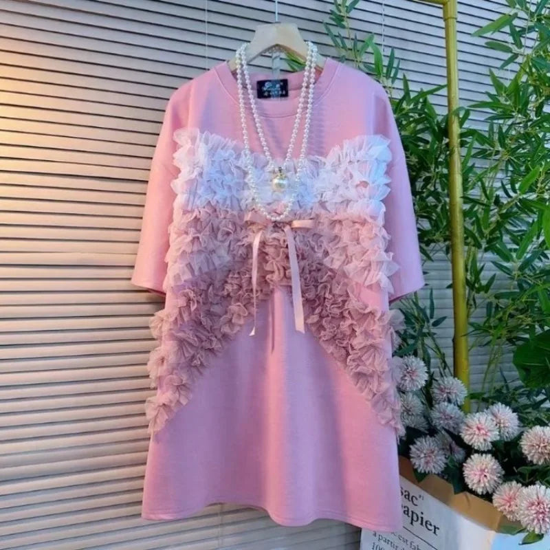 🍒Mesh lace ruffle tee shirt women 3d bow loose summer wear tops for girls mid length ruched chiffon t-shirt short sleeve  Perfect Partying Pink