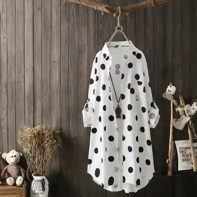🍒Plus size polka dot shirt chic classic button up long sleeve outfit design dress stylish comfortable female fashion casual wear Get Spotted In These Dots
