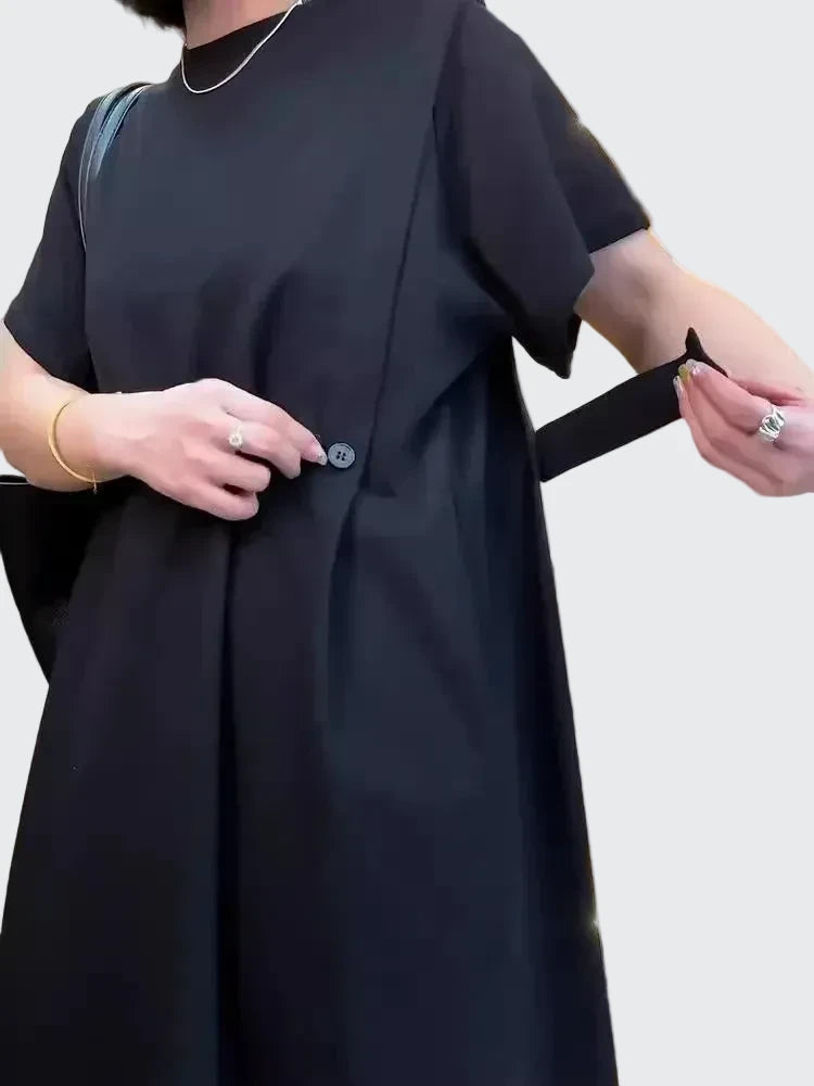 🍒Relaxed fit women’s dress with side pockets lazy style short sleeve outfit for summer loose slimming round neck dress with pockets and button waist tabs a-line plus size fashion  Longline Loosy Love