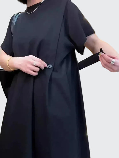 🍒Relaxed fit women’s dress with side pockets lazy style short sleeve outfit for summer loose slimming round neck dress with pockets and button waist tabs a-line plus size fashion  Longline Loosy Love