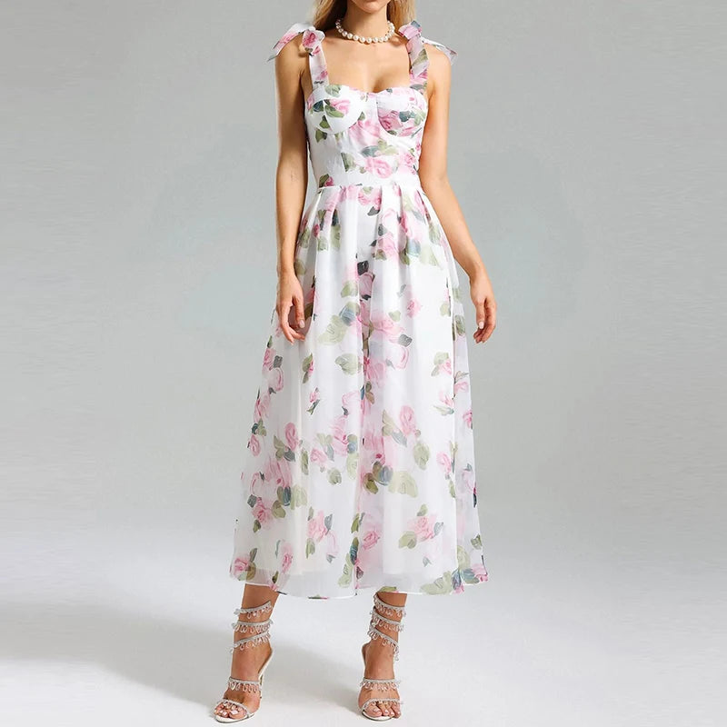 🍒High waist party dress with bodice and full skirt elegant floral print for summer fashion  sleeveless a-line dress off shoulder outfit women Fun Floaty Floral